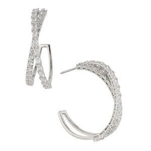 Nadri Isle Cubic Zirconia Crossed Hoop Earrings RHODIUM NWT